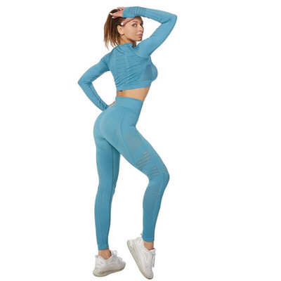 Vitalno žensko sportsko odijelo Set za jogu Odjeća za vježbanje u teretani Dugi rukavi Fitness Crop Top + Energy Bešavne tajice visokog struka