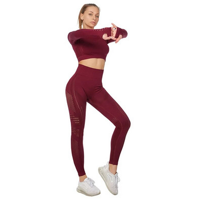 Vitalno žensko sportsko odijelo Set za jogu Odjeća za vježbanje u teretani Dugi rukavi Fitness Crop Top + Energy Bešavne tajice visokog struka