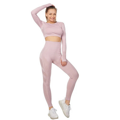 Vitalno žensko sportsko odijelo Set za jogu Odjeća za vježbanje u teretani Dugi rukavi Fitness Crop Top + Energy Bešavne tajice visokog struka