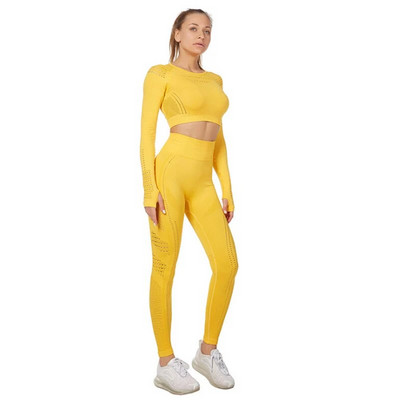 Vitalno žensko sportsko odijelo Set za jogu Odjeća za vježbanje u teretani Dugi rukavi Fitness Crop Top + Energy Bešavne tajice visokog struka