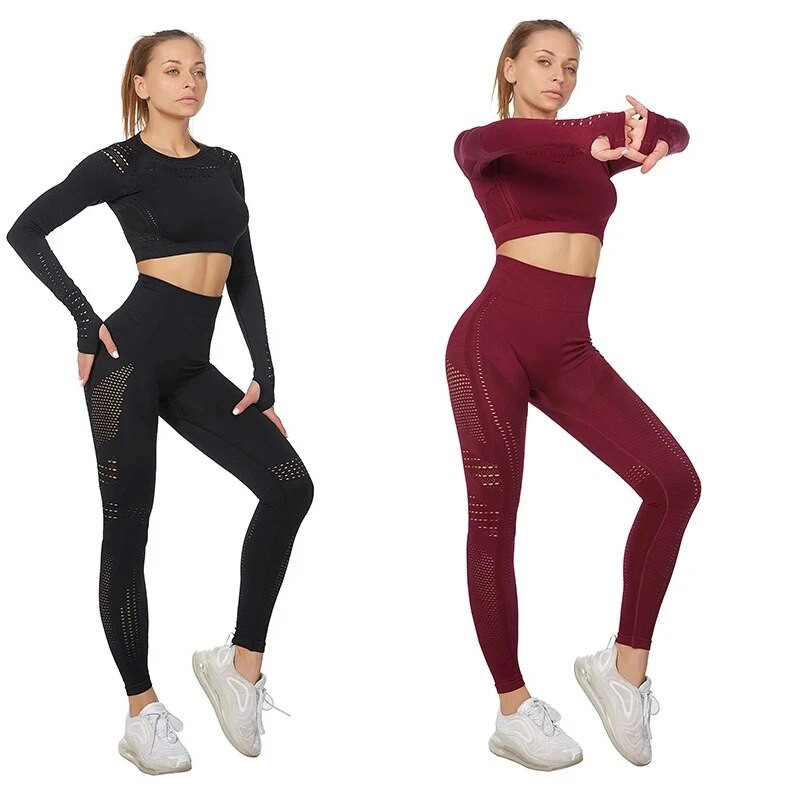 Vitalno žensko sportsko odijelo Set za jogu Odjeća za vježbanje u teretani Dugi rukavi Fitness Crop Top + Energy Bešavne tajice visokog struka