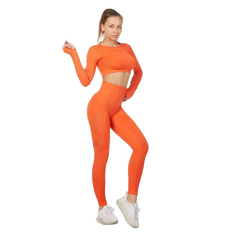 Vitalno žensko sportsko odijelo Set za jogu Odjeća za vježbanje u teretani Dugi rukavi Fitness Crop Top + Energy Bešavne tajice visokog struka