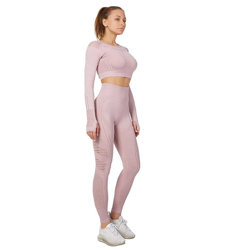 Vitalno žensko sportsko odijelo Set za jogu Odjeća za vježbanje u teretani Dugi rukavi Fitness Crop Top + Energy Bešavne tajice visokog struka
