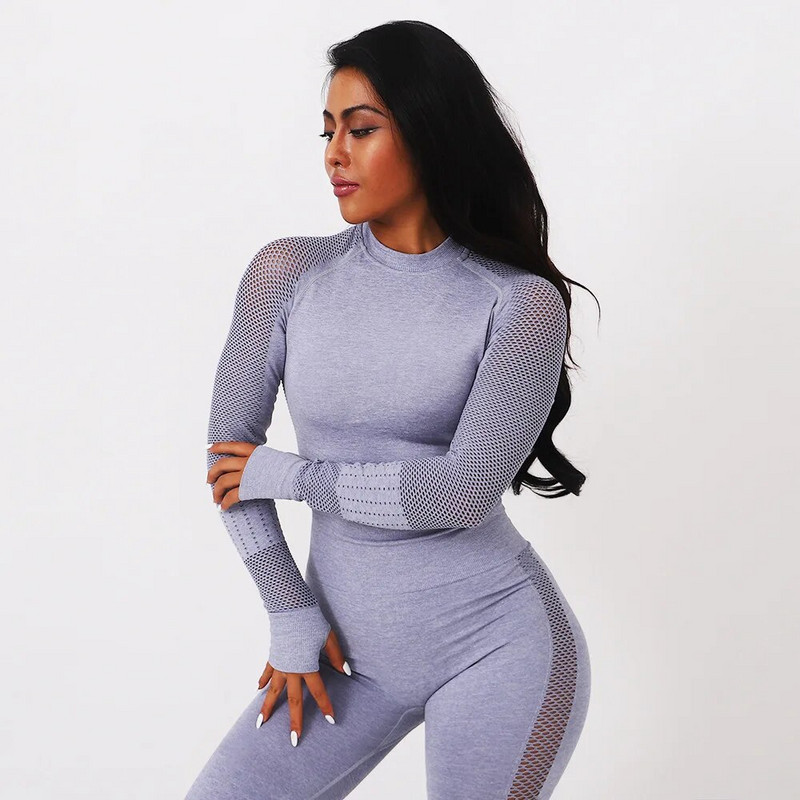 2 kom/set Žensko sportsko odijelo za trčanje Yoga Set Odjeća za vježbanje u teretani Dugi rukavi Fitness Crop Top + Energy Bešavne tajice s visokim strukom