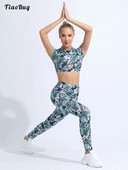 2Gb Sieviešu vasaras apdrukāts sporta jogas uzvalks ar apaļu kakla izgriezumu, īsām piedurknēm atslēgas caurums aizmugurē, apgriezts augšējais T-krekls ar legingiem, bikšu komplekts