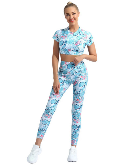 2Gb Sieviešu vasaras apdrukāts sporta jogas uzvalks ar apaļu kakla izgriezumu, īsām piedurknēm atslēgas caurums aizmugurē, apgriezts augšējais T-krekls ar legingiem, bikšu komplekts