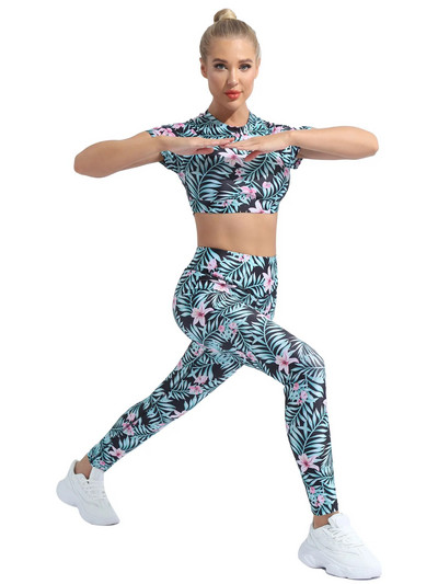 2Gb Sieviešu vasaras apdrukāts sporta jogas uzvalks ar apaļu kakla izgriezumu, īsām piedurknēm atslēgas caurums aizmugurē, apgriezts augšējais T-krekls ar legingiem, bikšu komplekts