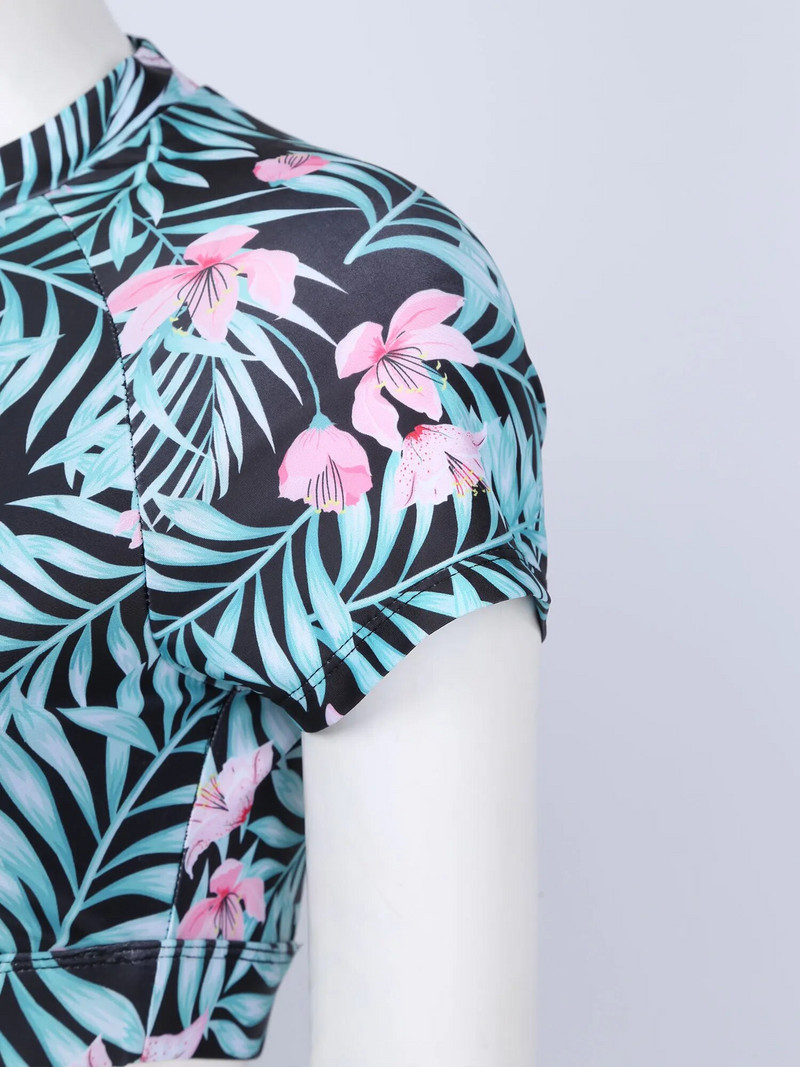 2Gb Sieviešu vasaras apdrukāts sporta jogas uzvalks ar apaļu kakla izgriezumu, īsām piedurknēm atslēgas caurums aizmugurē, apgriezts augšējais T-krekls ar legingiem, bikšu komplekts