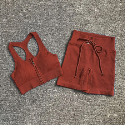 2 τμχ Σετ γιόγκα Γυναικεία μονόχρωμα αθλητικά ενδύματα γυμναστικής ψηλά ελαστικά σορτς αθλητικό σουτιέν γυμναστική Αθλητική φόρμα χωρίς ραφή Σετ γυμναστικής