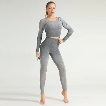NCLAGEN Yoga Suit Dip-dye Gradual Change Woman Long Sleeve Seamless Hollow Out Gym Workout Sportswear Running Sport Set