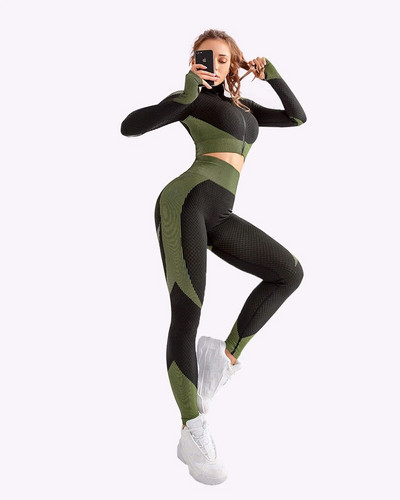 NCLAGEN Sportsko odijelo Ženska bešavna seksi trenirka za trčanje Sportska odjeća Ošišana majica za teretanu Joga hlače Odjeća za fitness Tajice Komplet od 2 dijela