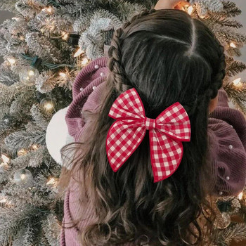 1 бр. 5,7-инчова шнола за коса Cheer Bowknot Класически кариран коледен цветен плат Щипки за коса Ръчно изработени за деца Аксесоари за коса за бебета и момичета