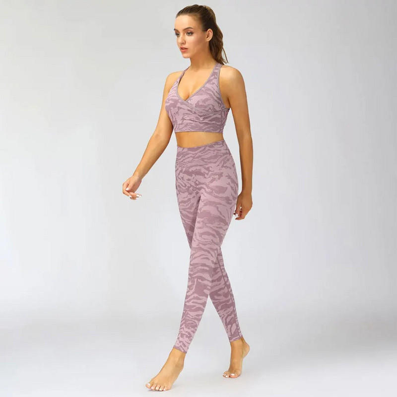 2-osaline õmblusteta ülikond naiste spordirõivad, kaamo-joogakomplekt, kõrge elastsusega spordiriietus, jõusaali säärised ja rinnahoidja treeningriided
