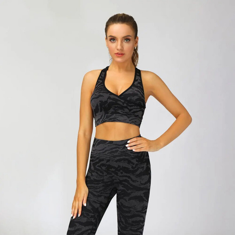 2-osaline õmblusteta ülikond naiste spordirõivad, kaamo-joogakomplekt, kõrge elastsusega spordiriietus, jõusaali säärised ja rinnahoidja treeningriided