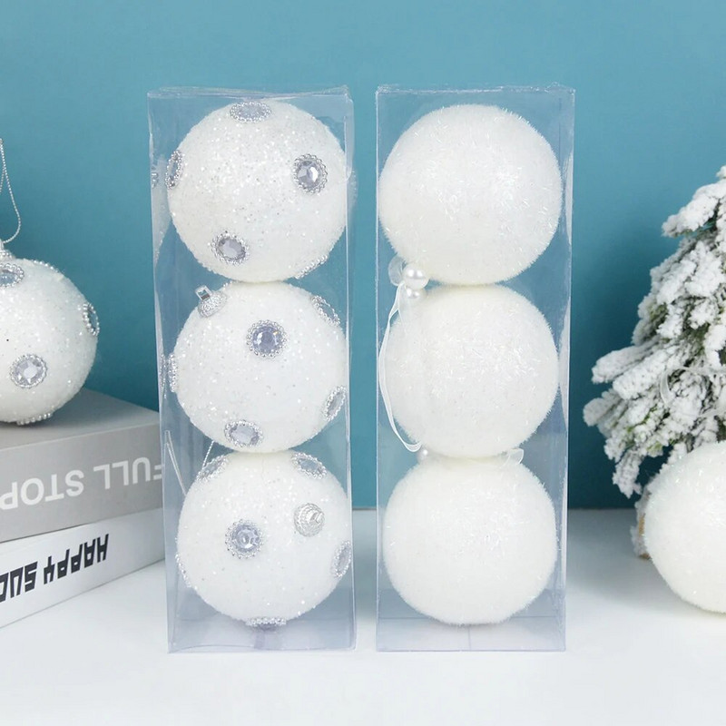3db 8 cm-es karácsonyfadíszek fehér csillogó hab hógolyó karácsonyi függő medálok Navidad dekorációk otthonra újévre