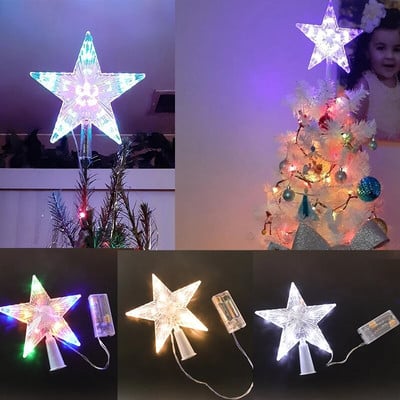 Коледно дърво Top LED осветени прозрачни звезди Xmas Tree Toppers за дома Коледно дърво Орнаменти Navidad Нова година 2023 Natal Noel