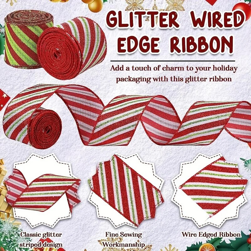 1kom Svjetlucava božićna vrpca sa žicom Crvena zelena pruga Svjetlucava vrpca Kućna zabava Tema festivala Dekoracija Diy zanatska mašna
