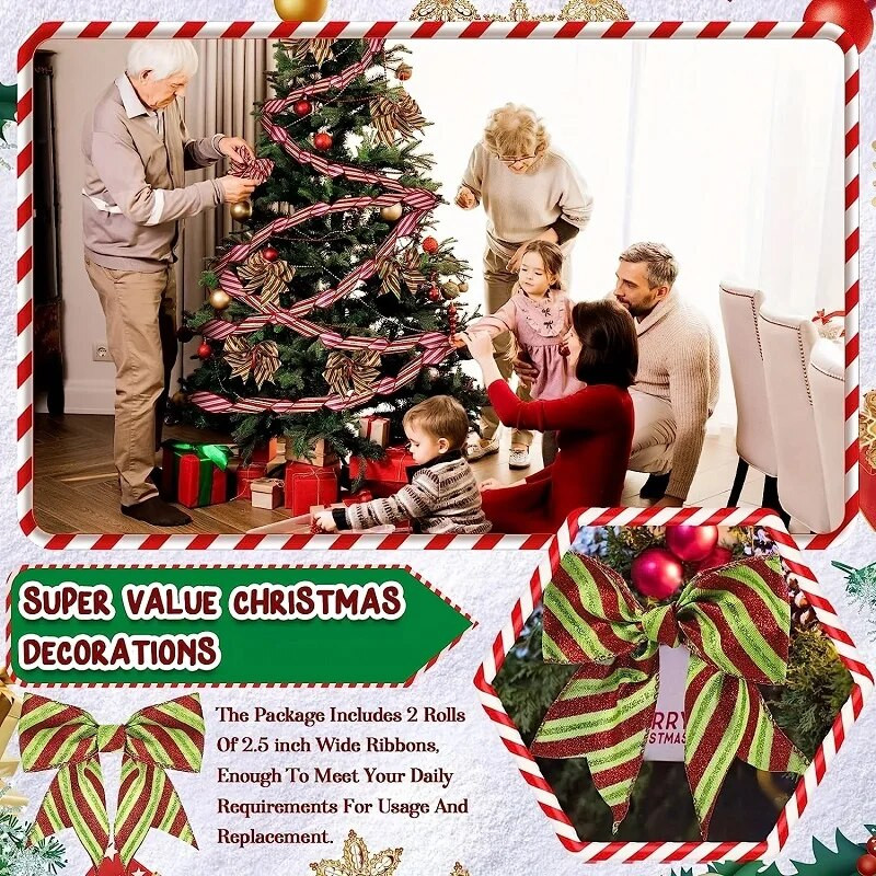 1kom Svjetlucava božićna vrpca sa žicom Crvena zelena pruga Svjetlucava vrpca Kućna zabava Tema festivala Dekoracija Diy zanatska mašna