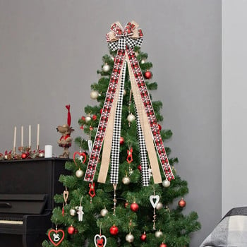 1,3 м Коледна украса Трицветен съвпадащ голям лък Ръчно необработени ръбове Лен Направи си сам Лента Коледно дърво Висящи орнаменти