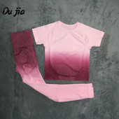 Žensko sportsko odijelo za jogu Ombre bešavne tajice + skraćeni top kratkih rukava 2-dijelna sportska odjeća Ljetni set za teretanu Odjeća za trčanje