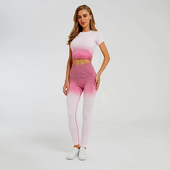 Дамски спортен костюм за йога Омбре безшевни клинове+къси топове с къс ръкав Спортно облекло от 2 части, летен комплект за фитнес, тренировъчно облекло за бягане