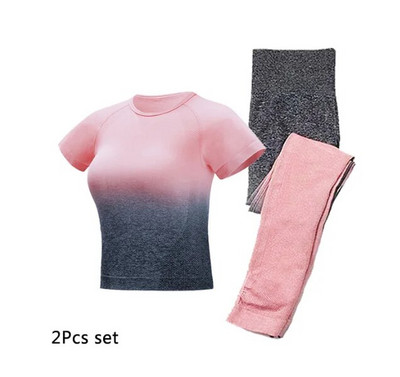 Žensko sportsko odijelo za jogu Ombre bešavne tajice + skraćeni top kratkih rukava 2-dijelna sportska odjeća Ljetni set za teretanu Odjeća za trčanje