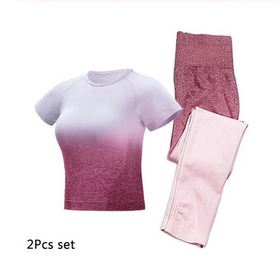 Žensko sportsko odijelo za jogu Ombre bešavne tajice + skraćeni top kratkih rukava 2-dijelna sportska odjeća Ljetni set za teretanu Odjeća za trčanje