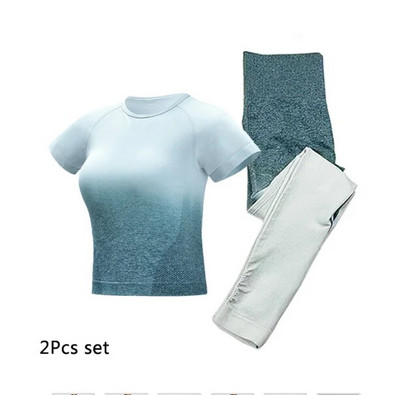 Žensko sportsko odijelo za jogu Ombre bešavne tajice + skraćeni top kratkih rukava 2-dijelna sportska odjeća Ljetni set za teretanu Odjeća za trčanje