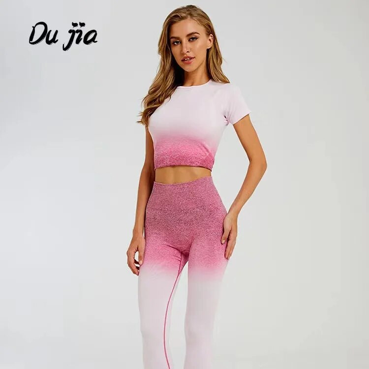 Žensko sportsko odijelo za jogu Ombre bešavne tajice + skraćeni top kratkih rukava 2-dijelna sportska odjeća Ljetni set za teretanu Odjeća za trčanje