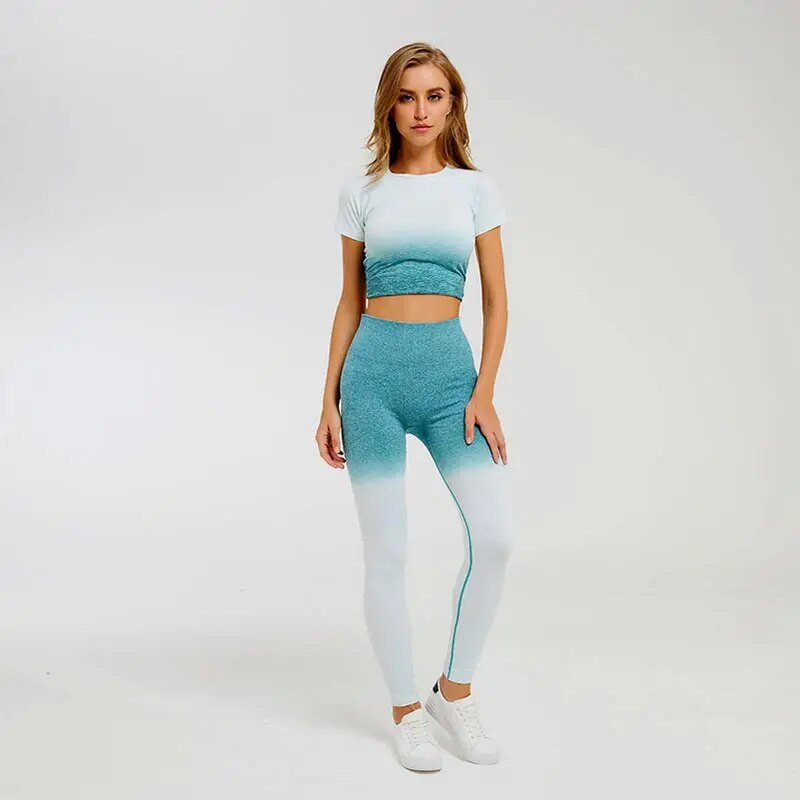 Žensko sportsko odijelo za jogu Ombre bešavne tajice + skraćeni top kratkih rukava 2-dijelna sportska odjeća Ljetni set za teretanu Odjeća za trčanje