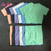 2 vnt./komplektas Moteriški trumpomis rankovėmis aukštu juosmeniu šortai Sportiniai drabužiai Jogos rinkinys Vital Besiūlis sportinis kostiumas Sporto salė Drabužiai Fitness Crop Top marškinėliai