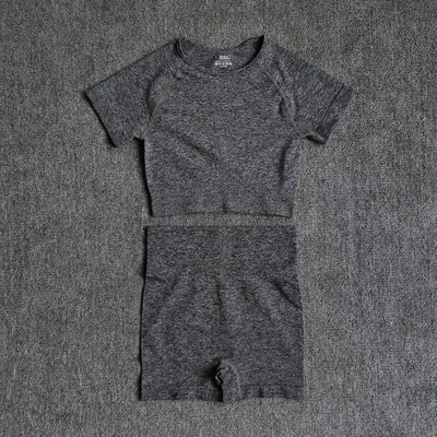 2 vnt./komplektas Moteriški trumpomis rankovėmis aukštu juosmeniu šortai Sportiniai drabužiai Jogos rinkinys Vital Besiūlis sportinis kostiumas Sporto salė Drabužiai Fitness Crop Top marškinėliai