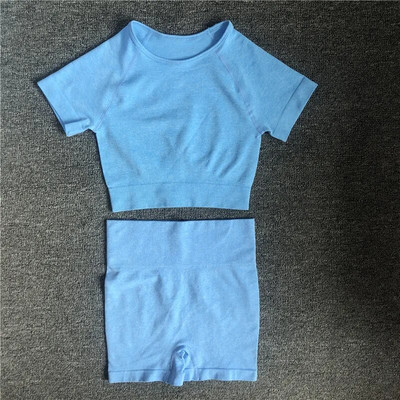 2 vnt./komplektas Moteriški trumpomis rankovėmis aukštu juosmeniu šortai Sportiniai drabužiai Jogos rinkinys Vital Besiūlis sportinis kostiumas Sporto salė Drabužiai Fitness Crop Top marškinėliai