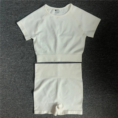 2 vnt./komplektas Moteriški trumpomis rankovėmis aukštu juosmeniu šortai Sportiniai drabužiai Jogos rinkinys Vital Besiūlis sportinis kostiumas Sporto salė Drabužiai Fitness Crop Top marškinėliai