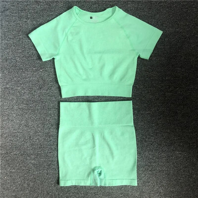 2 vnt./komplektas Moteriški trumpomis rankovėmis aukštu juosmeniu šortai Sportiniai drabužiai Jogos rinkinys Vital Besiūlis sportinis kostiumas Sporto salė Drabužiai Fitness Crop Top marškinėliai