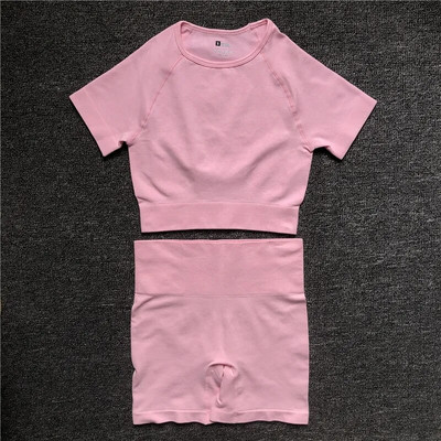 2 vnt./komplektas Moteriški trumpomis rankovėmis aukštu juosmeniu šortai Sportiniai drabužiai Jogos rinkinys Vital Besiūlis sportinis kostiumas Sporto salė Drabužiai Fitness Crop Top marškinėliai