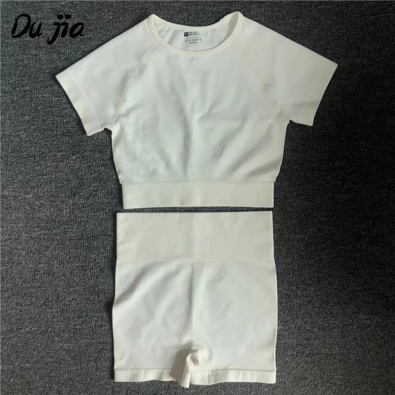 2 vnt./komplektas Moteriški trumpomis rankovėmis aukštu juosmeniu šortai Sportiniai drabužiai Jogos rinkinys Vital Besiūlis sportinis kostiumas Sporto salė Drabužiai Fitness Crop Top marškinėliai