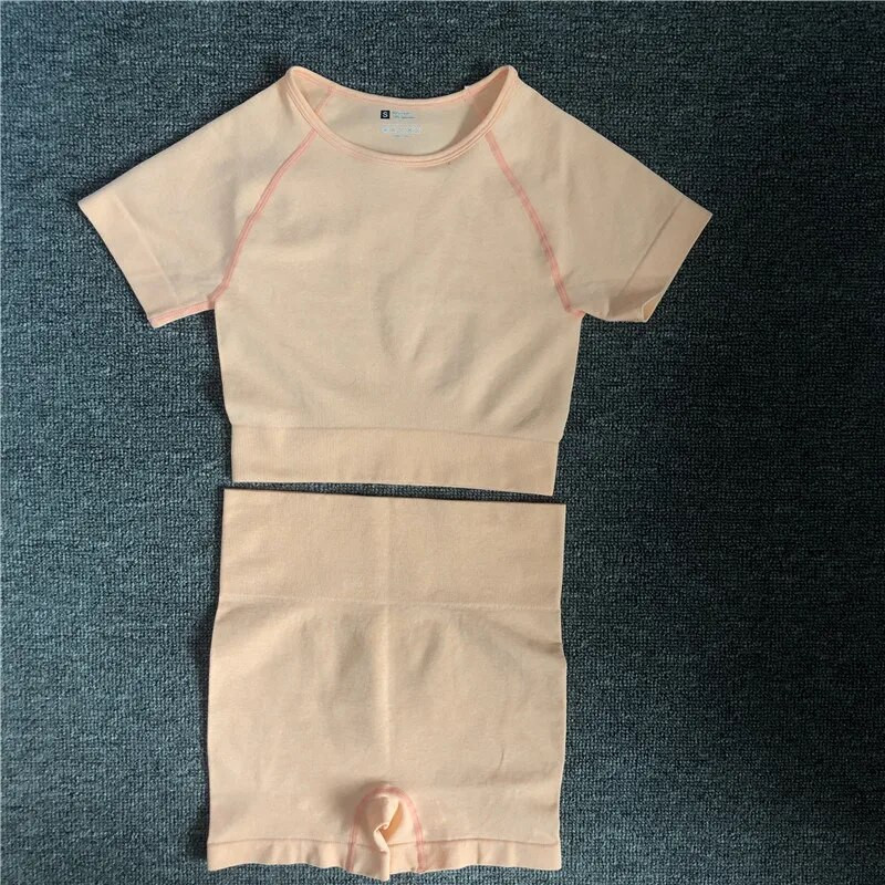 2 vnt./komplektas Moteriški trumpomis rankovėmis aukštu juosmeniu šortai Sportiniai drabužiai Jogos rinkinys Vital Besiūlis sportinis kostiumas Sporto salė Drabužiai Fitness Crop Top marškinėliai