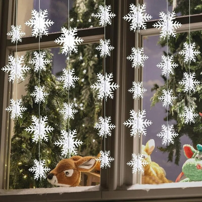30PCS Изкуствени снежинки с бял блясък Коледна снежинка Коледно дърво Висяща украса за дома Зимно парти Занаяти Висулка