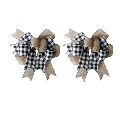 2gab Ziemassvētku rūtaini banti Koku amatniecība Audekls Dekorācijas Loki Melns Sarkans Plaids Mežģīņu audums Pledu vainagu bantes