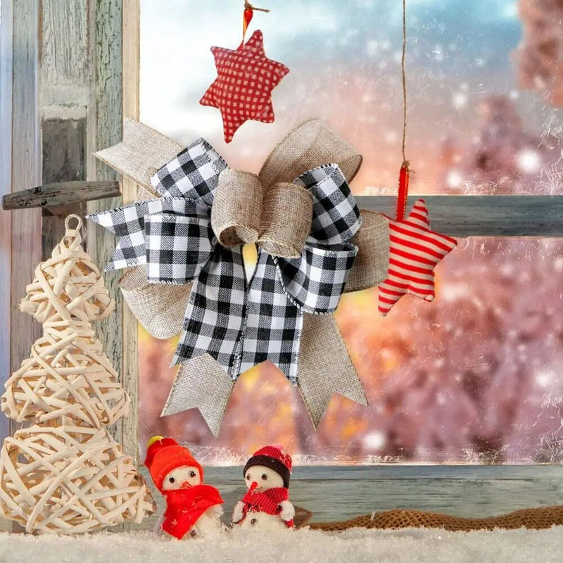 2gab Ziemassvētku rūtaini banti Koku amatniecība Audekls Dekorācijas Loki Melns Sarkans Plaids Mežģīņu audums Pledu vainagu bantes