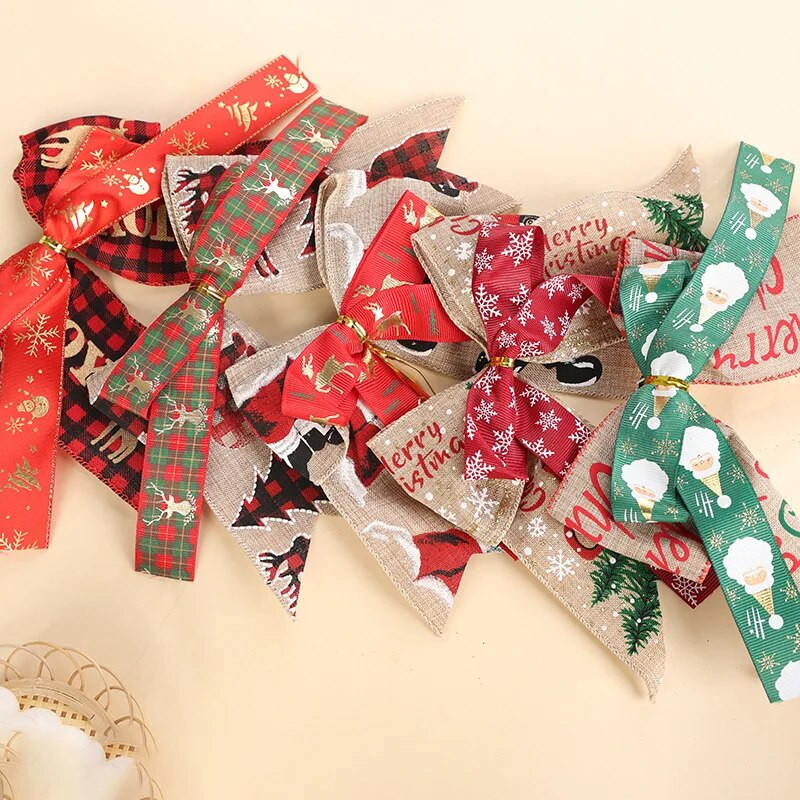 10GAB MIX Ziemassvētku ar rokām darināts bantes rotājums ar zīda lenti dāvanu kastītes aksesuāri Ziemassvētku eglīšu rotājuma mini bantes kaftiem