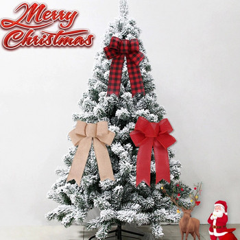 Коледни лъкове Коледна елха, ленен кариран бантик, ръчно изработена кутия за подарък Опаковане на декоративни лъкове, новогодишен домашен декор