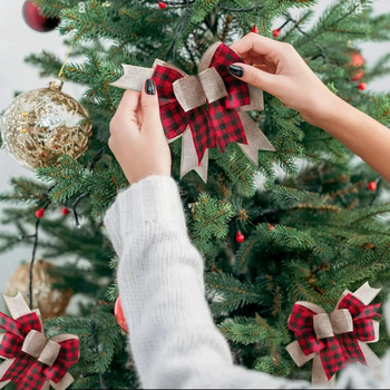 Коледен кариран лък чул коледно дърво Topper венец лък за домашно празнично парти входна врата декоративен сватбен декор Направи си сам подарък