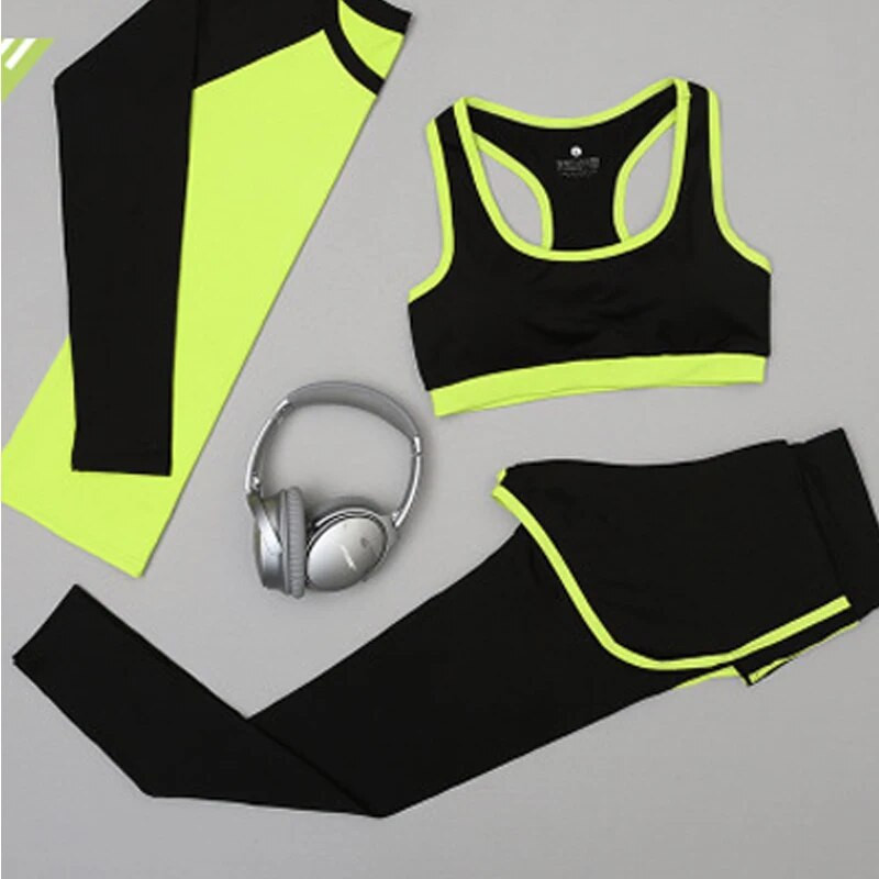 Jaunums Sporta komplekts Sieviešu sporta apģērbs Quick Dry Joga Set Off Krūšturis + Drēbes + Bikses Sporta zāle Skriešanas vingrošana Jogas Uzvalka Tops
