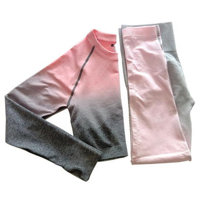 2PCS Energy Women Yoga Set Gym Seamless Ombre Gradient Leggings+Top dugih rukava Sportsko odijelo za vježbanje Ženski set za fitness Active We