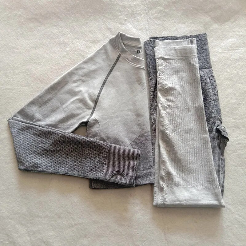 2PCS Energy Women Yoga Set Gym Seamless Ombre Gradient Leggings+Top dugih rukava Sportsko odijelo za vježbanje Ženski set za fitness Active We