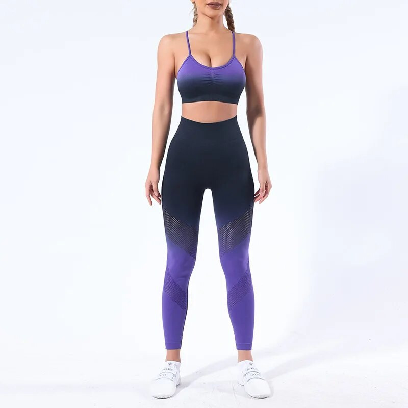 Bešavni gradijentni setovi za jogu 2-dijelni set za teretanu Crop Top Grudnjak s visokim strukom Tajice koje podižu bokove Sportsko odijelo Odjeća za vježbanje Odjeća za fitness