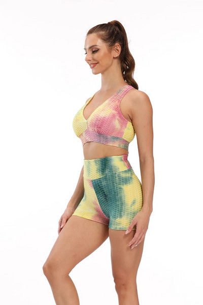 Sportski grudnjak i kratke hlače s duginim bojama na vezivanje Sportski grudnjak i kratke hlače Rastezljive sportske majice s visokim strukom Push Up kratke hlače za teretanu Odijelo za vježbanje Sportska odjeća