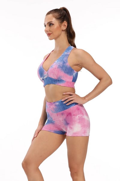 Sportski grudnjak i kratke hlače s duginim bojama na vezivanje Sportski grudnjak i kratke hlače Rastezljive sportske majice s visokim strukom Push Up kratke hlače za teretanu Odijelo za vježbanje Sportska odjeća